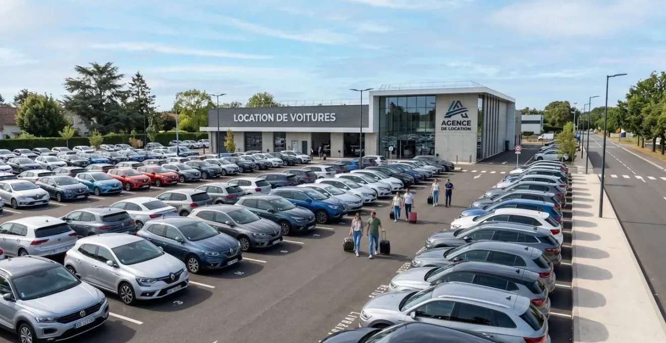 Vue grand angle d'un parking d'agence de location avec une flotte de véhicules récents alignés sous un ciel lumineux