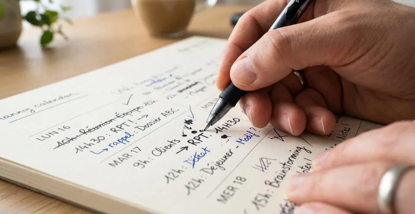 Gros plan sur une main annotant un planning papier avec des corrections manuscrites sur un bureau lumineux