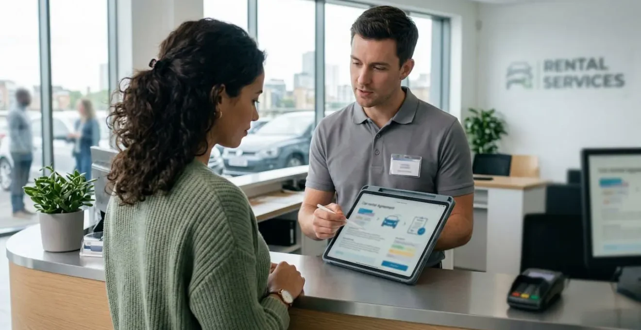 Vue de dos d'un professionnel consultant une tablette dans un bureau d'agence de location moderne et lumineux