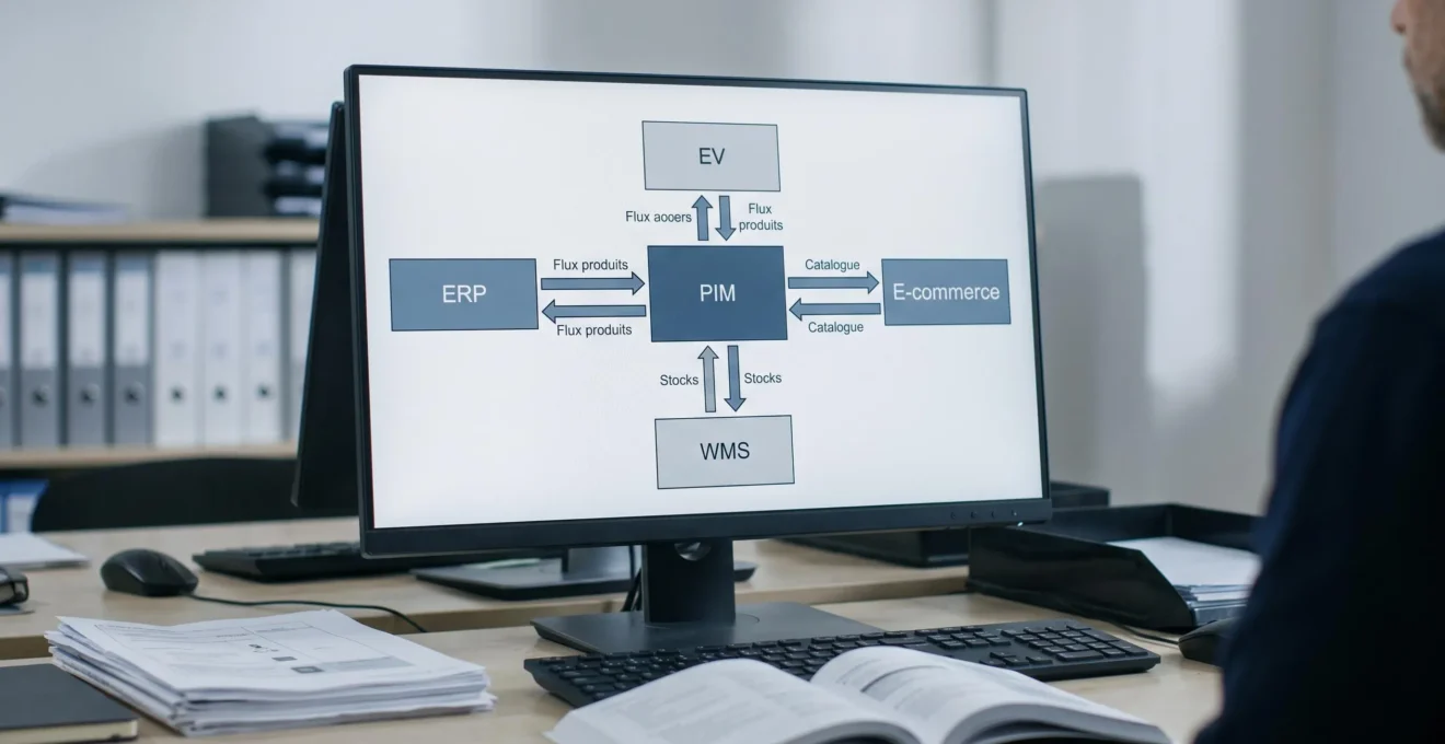 Écran d'ordinateur affichant un schéma d'architecture SI avec blocs PIM, ERP, WMS et E-commerce interconnectés par des flèches de flux de données, dans un bureau de responsable technique