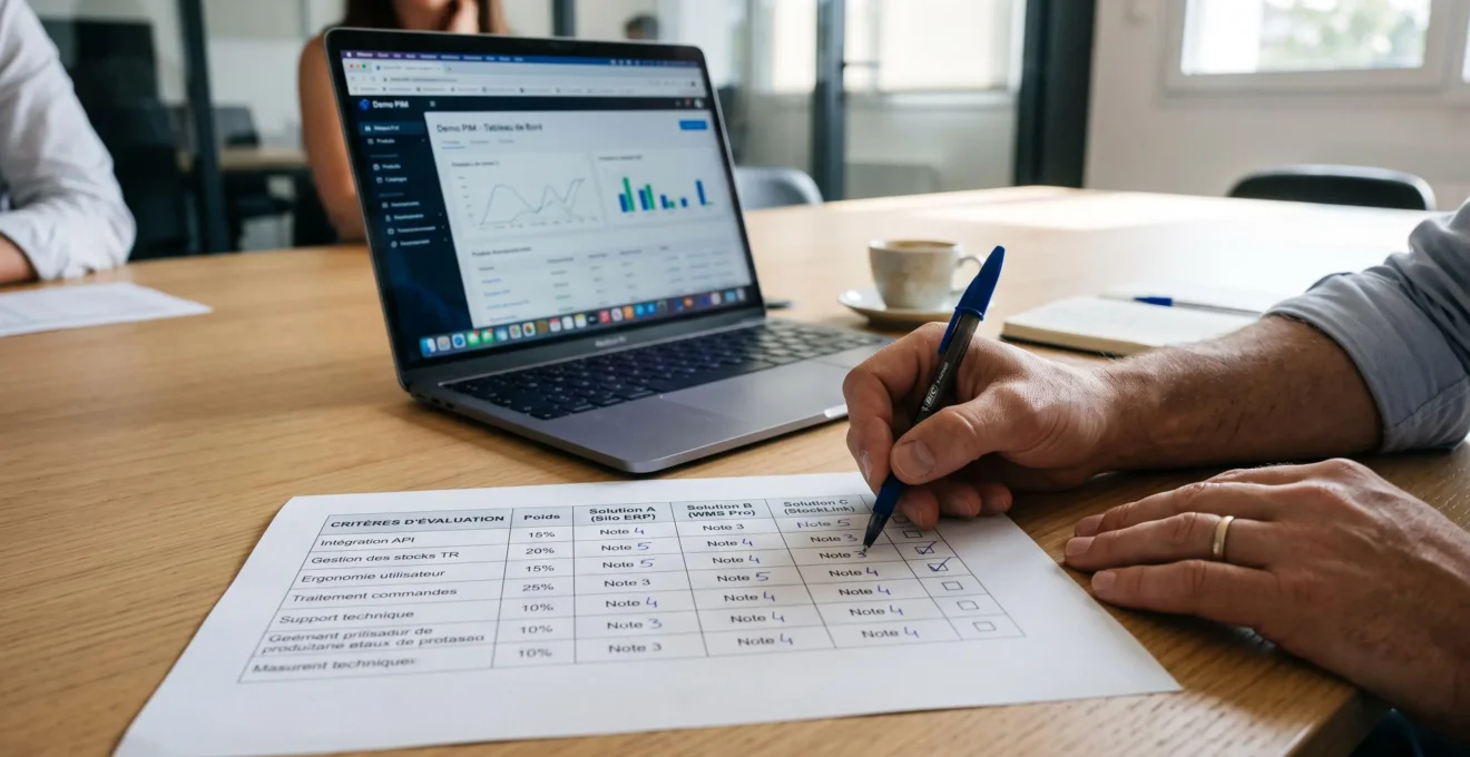Main tenant un stylo au-dessus d'une grille d'évaluation imprimée comparant des critères fonctionnels de solutions PIM, sur une table de réunion avec ordinateur portable en arrière-plan