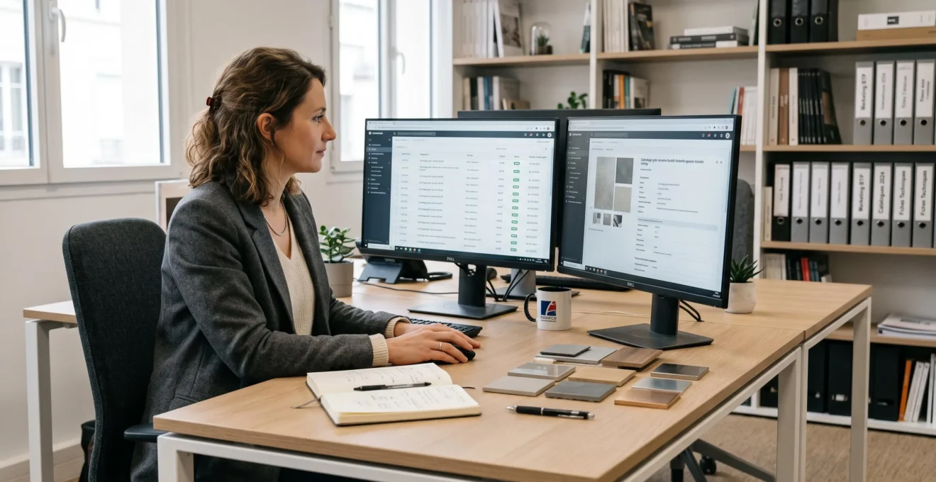 Responsable marketing digital travaillant devant deux écrans affichant un tableau de données produits structurées dans un bureau moderne, avec échantillons de matériaux sur le bureau