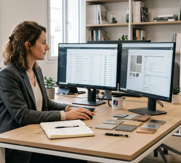 Responsable marketing digital travaillant devant deux écrans affichant un tableau de données produits structurées dans un bureau moderne, avec échantillons de matériaux sur le bureau