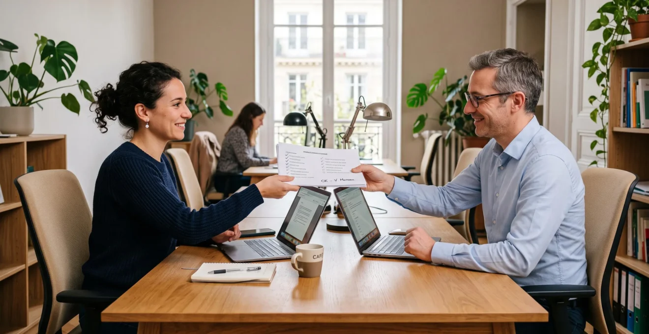 Deux collègues échangent une checklist validée au-dessus d'un bureau de travail.