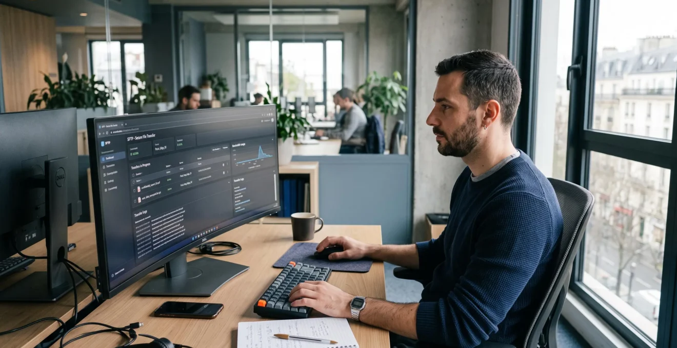 Un professionnel informatique examine l'interface d'un outil d'envoi de fichiers dans un bureau.