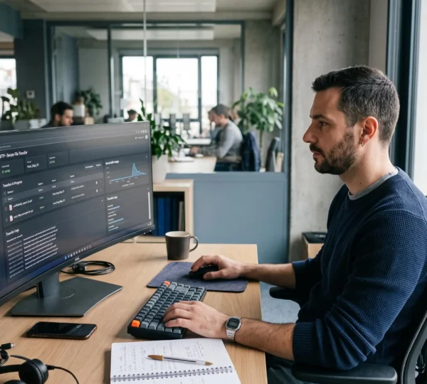 Un professionnel informatique examine l'interface d'un outil d'envoi de fichiers dans un bureau.