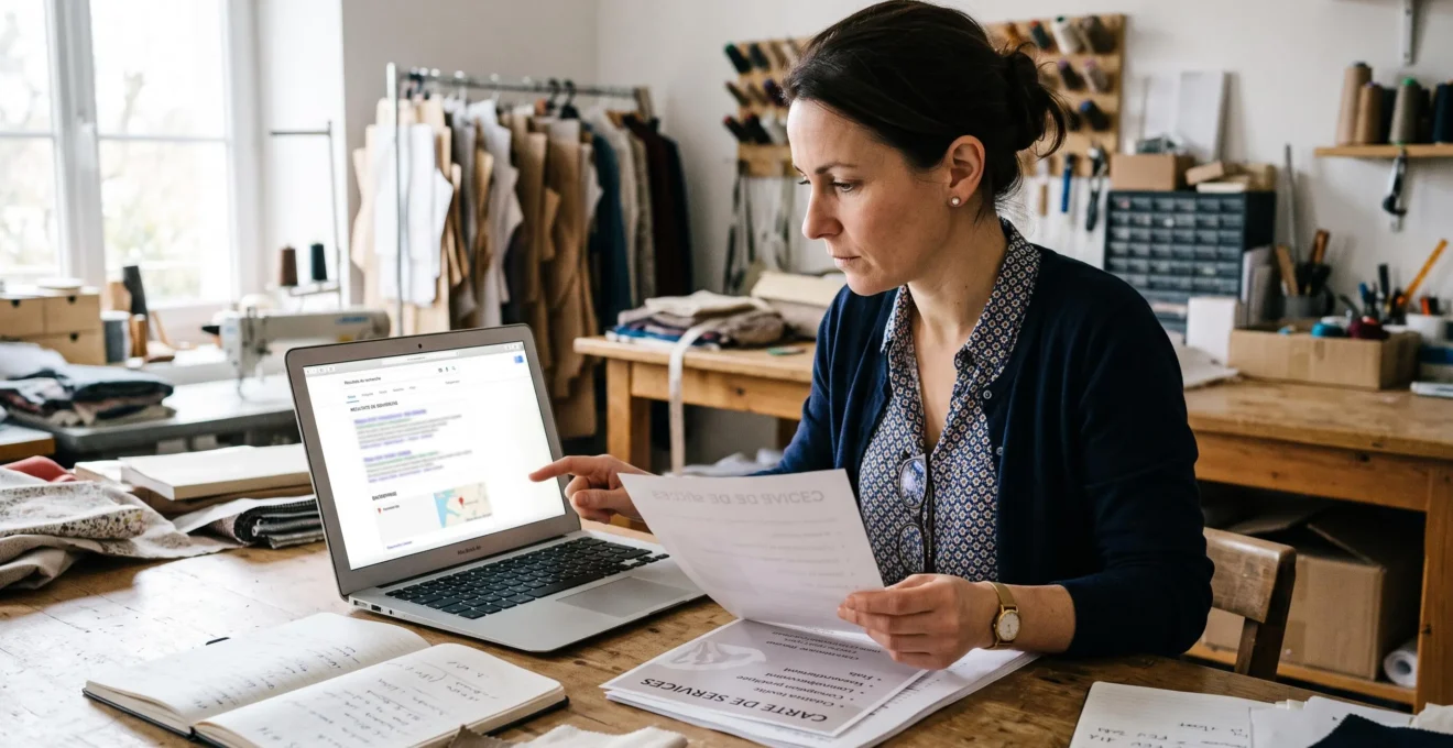 Dirigeante de petite entreprise consultant des réponses de recherche sur un ordinateur, dans son atelier
