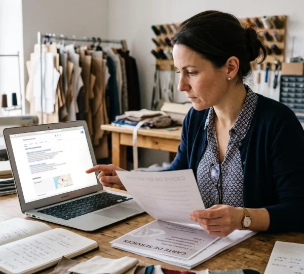Dirigeante de petite entreprise consultant des réponses de recherche sur un ordinateur, dans son atelier